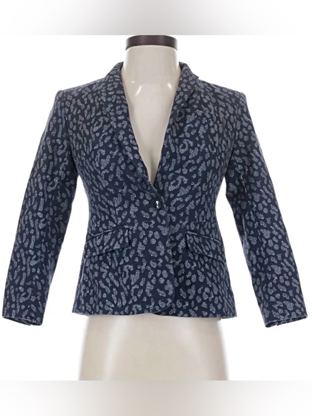 Banana Republic Navy Printed Blazer with subtle leopard print pattern, size 12p
